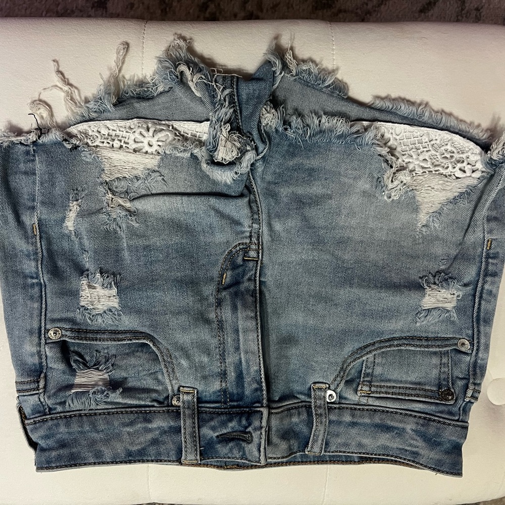 American Eagle Outfitters Blue Jean Shorts with Distressed Design